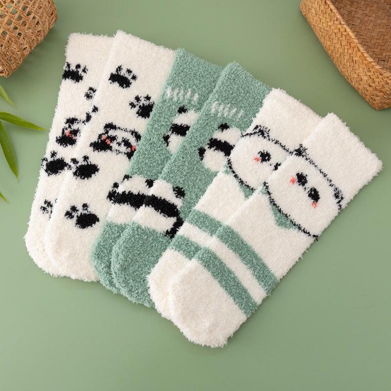 Autumn Winter Thickened and Warm Socks for Women in Cute Cartoon Panda Design Non Shedding Coral Velvet Socks for Home Use and Postpartum Care