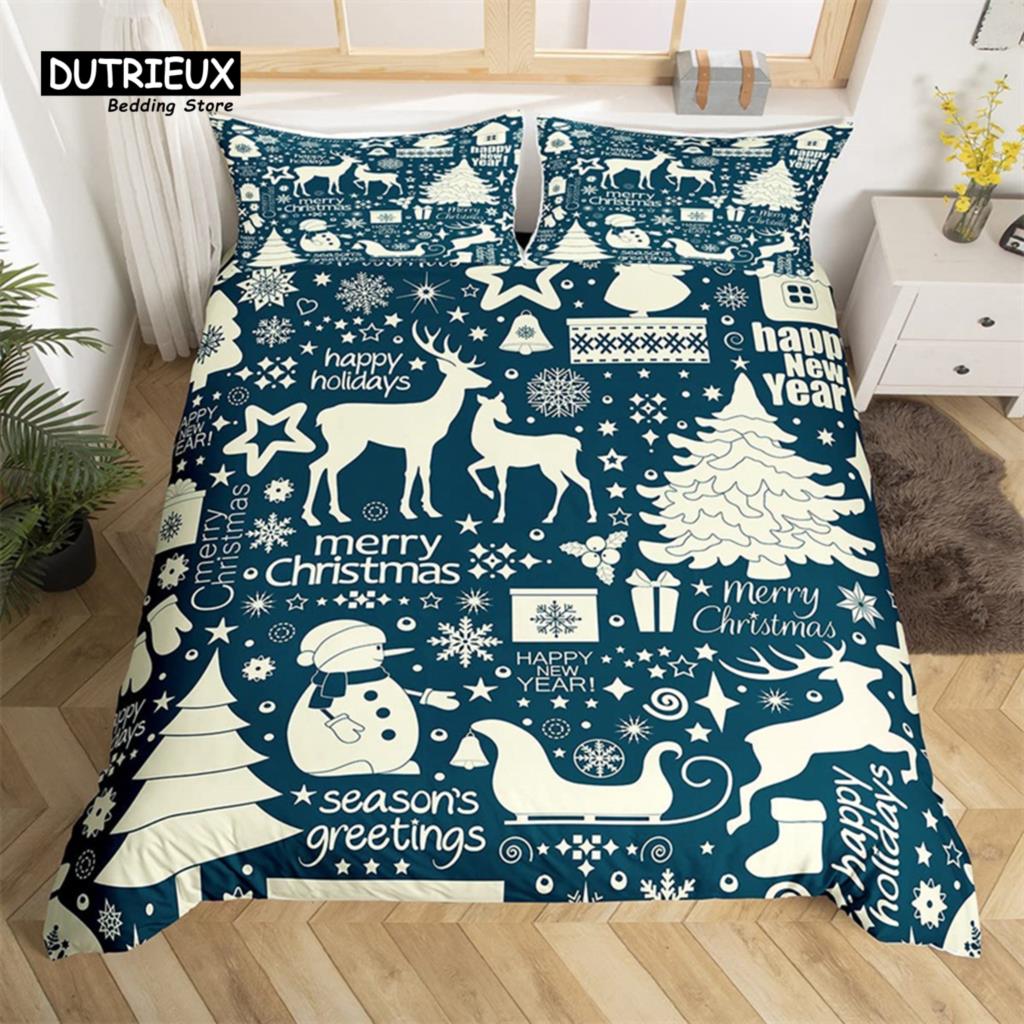Christmas Duvet Cover Cartoon Snowman Deer Reindeer Bedding Set Twin Size Microfiber Cute Gingerbread Stocking Comforter Cover