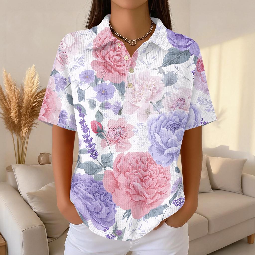 Women's Casual Short Sleeve Floral Print Waffle Knit Polo Shirt Relaxed Fit Button Down Collar Top for Everyday Wear