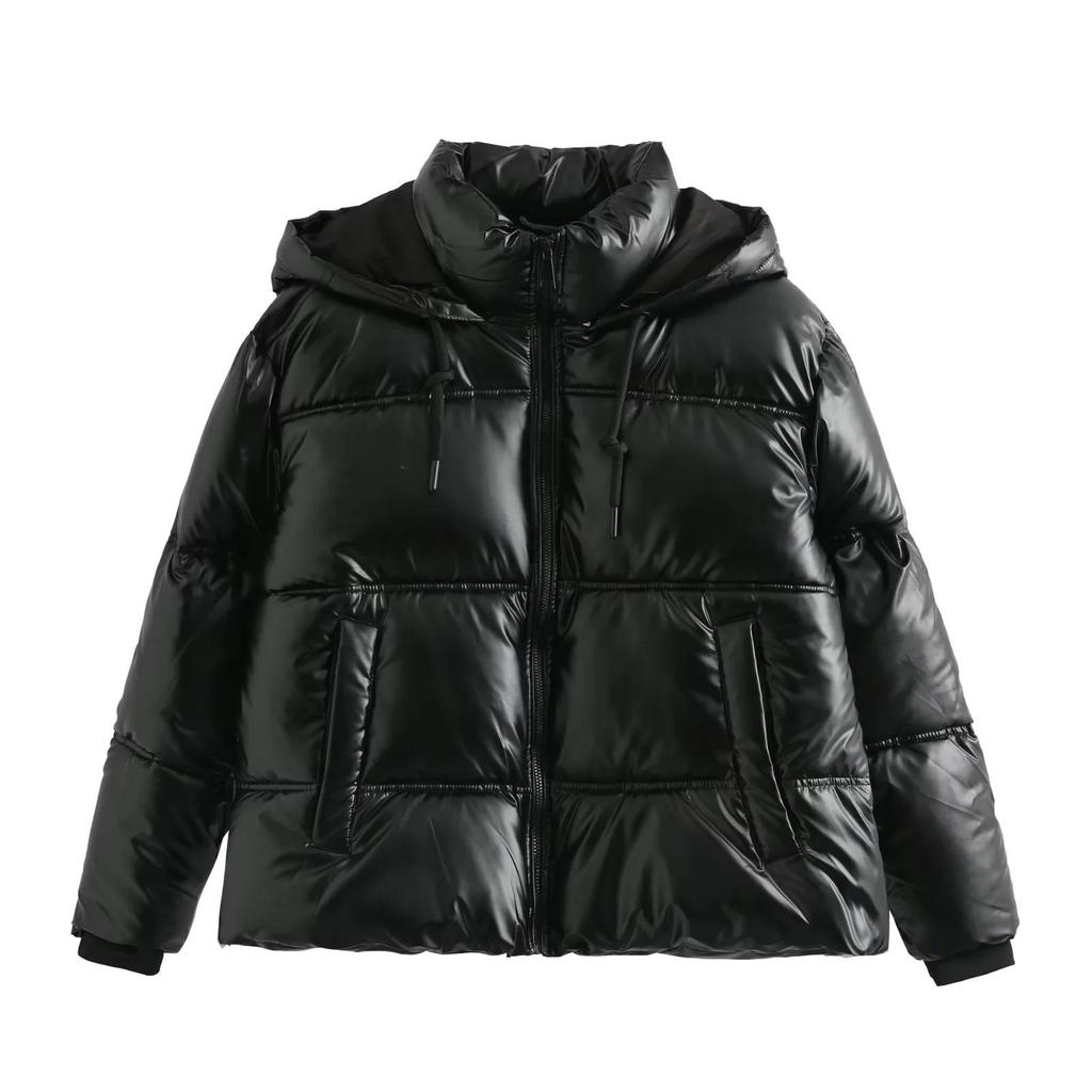 Women's 2023 Silver Satin Hooded Jacket - European & American Autumn/Winter Style