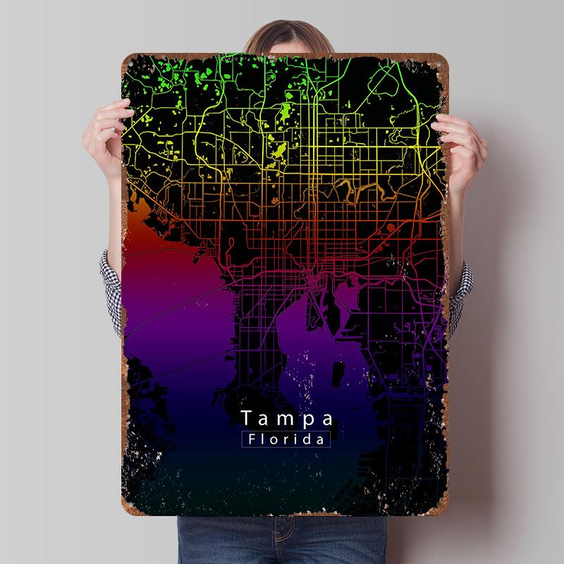 

Tampa Florida City Map Poster Customized Wall Art Vintage Metal Signs Retro Tin Plaque for Man Cave Modern Home Decoration Decor 20x30cm（7.8x11.8inch）