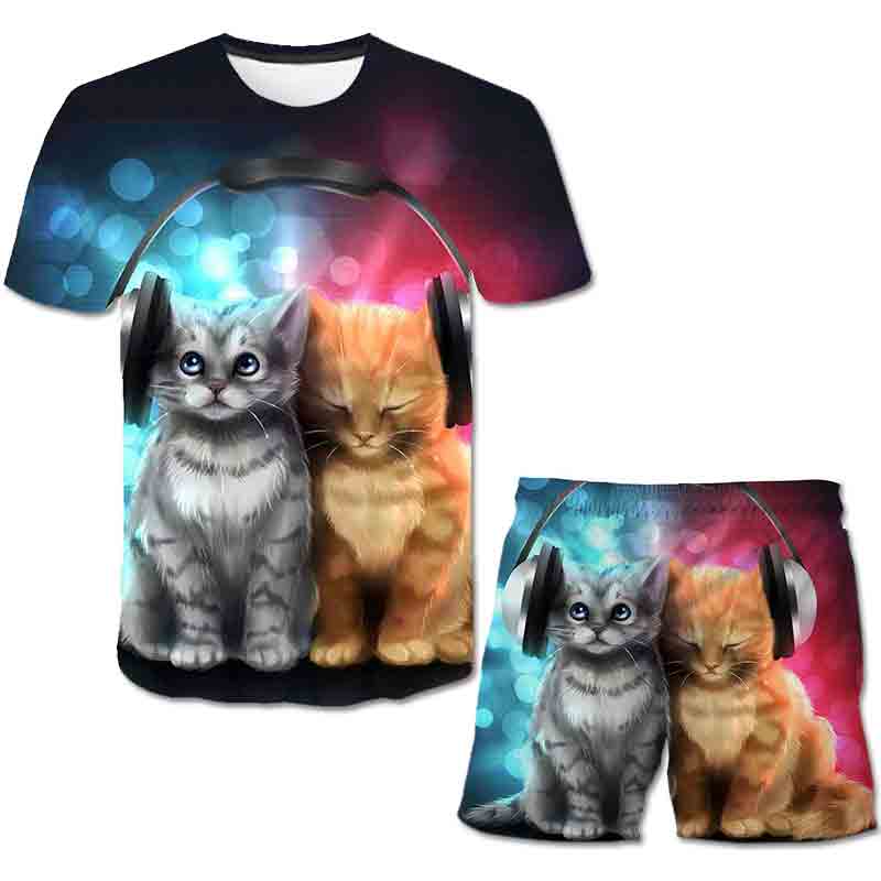 Summer Baby Kids Cat Sets Short Sleeves Printed T Shirts and Short Pants 2pcs Boys and Girls Lovely Clothing Outfits 1-14 Years