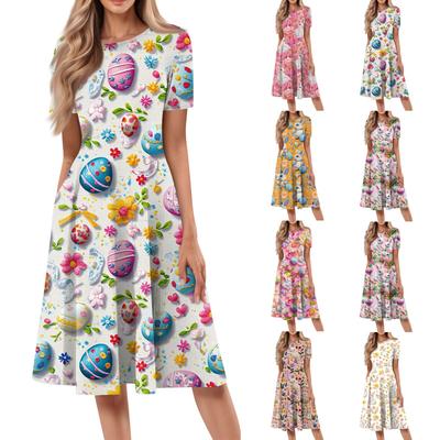 Women's Loose Casual And Fashionable Round Neck Short Sleeved Printed Mid Length Dress