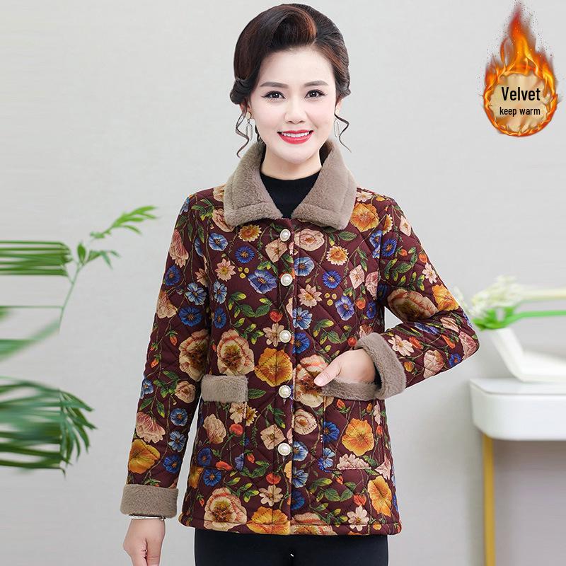 

Women s Winter Floral Velvet-Enhanced Jacket: Stylish, Warm, Short Coat for Middle-aged & Elderly Mothers. 2XL (105-120 jin)