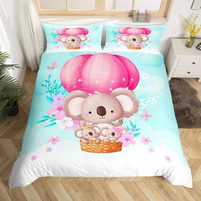 Federa per piumino koala carino, misura singola, set biancheria da letto con mongolfiera rosa, copripiumino con animali e fiori ad acquerello, copripiumino a cartoni animati