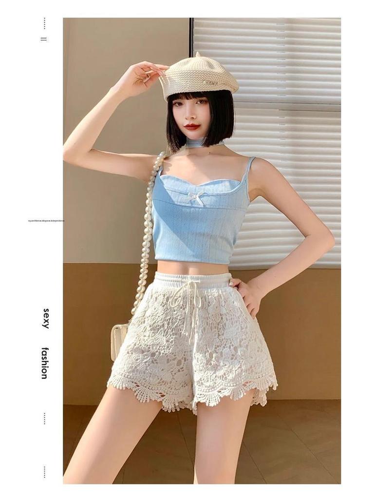 Women's Summer High-Waist Lace Sports Shorts - Casual, Loose, A-line, Wide-Leg, Three-Quarter Pants