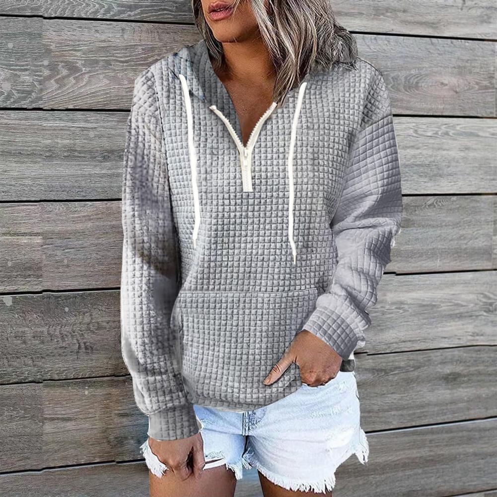 Women Fall Winter Hoodie Drawstring Relaxed Fit Pullover Long Sleeve Waffle Texture Leisure Soft Warm Zipper Decor Hooded Sweatshirts W