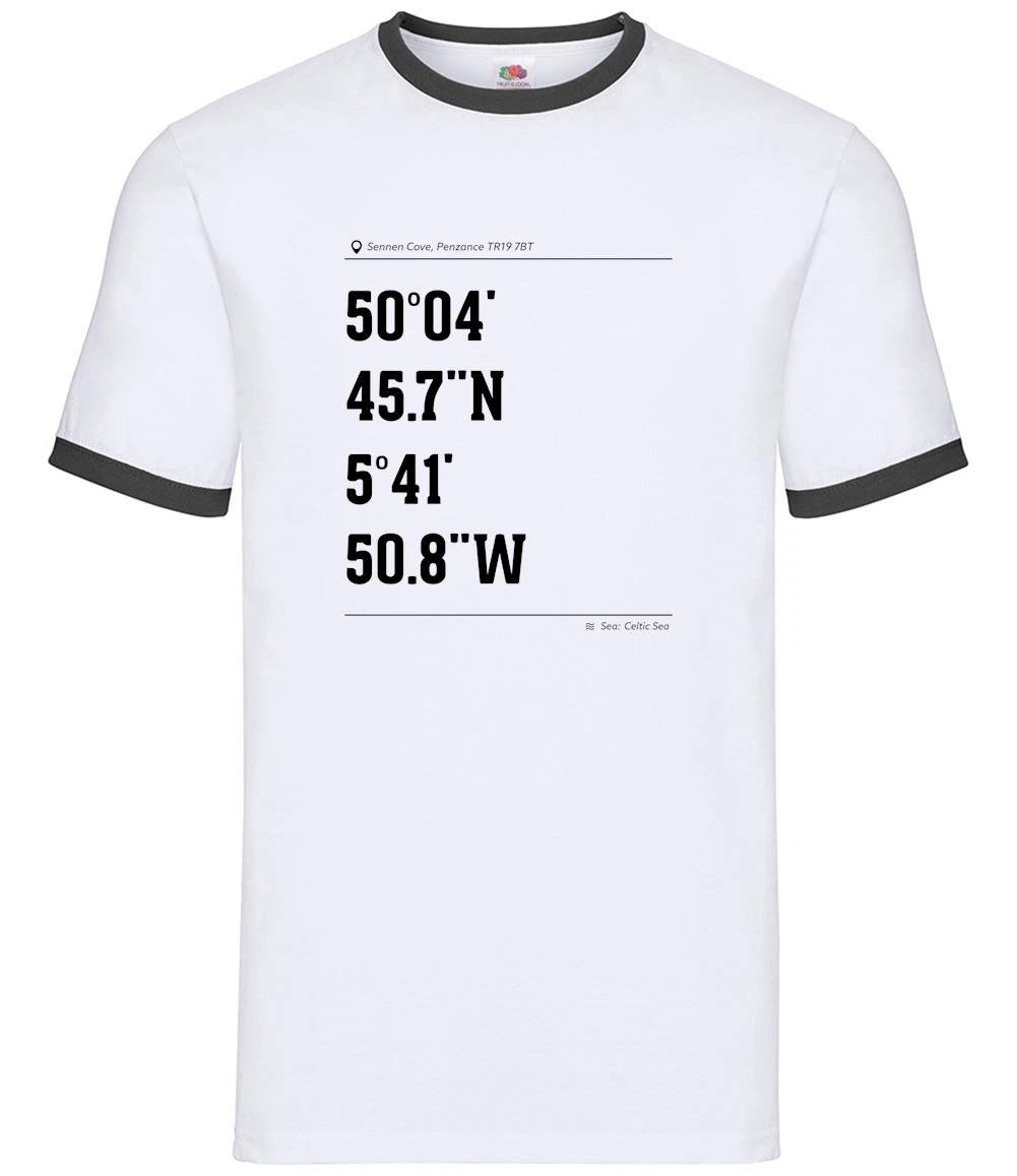Surfing Coordinates Sennen Cove - Mens Ringer - Surf Surfer Beach Cornwall XS