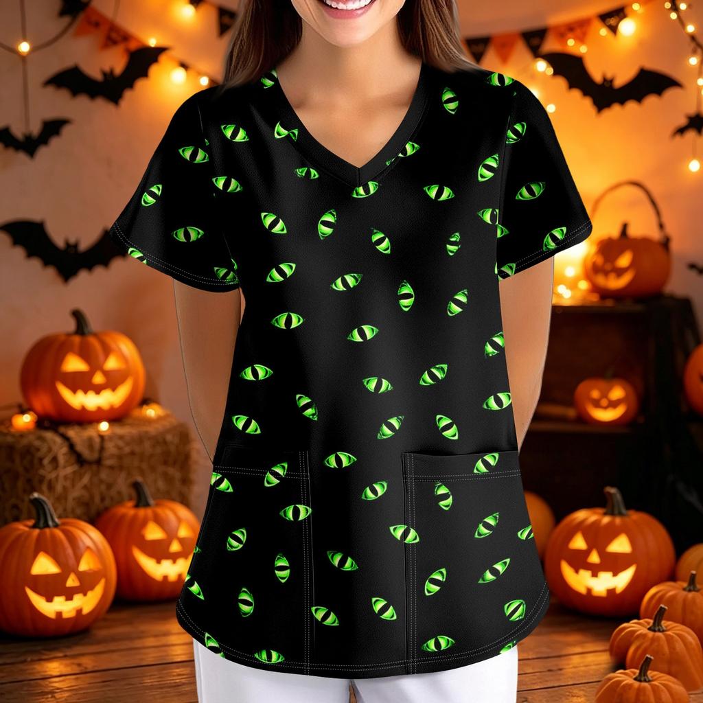 Women's Halloween Print Loose Fit V Neck Short Sleeve Medical Scrub Top Nurse Uniform Work Shirt with Pockets for Caregivers