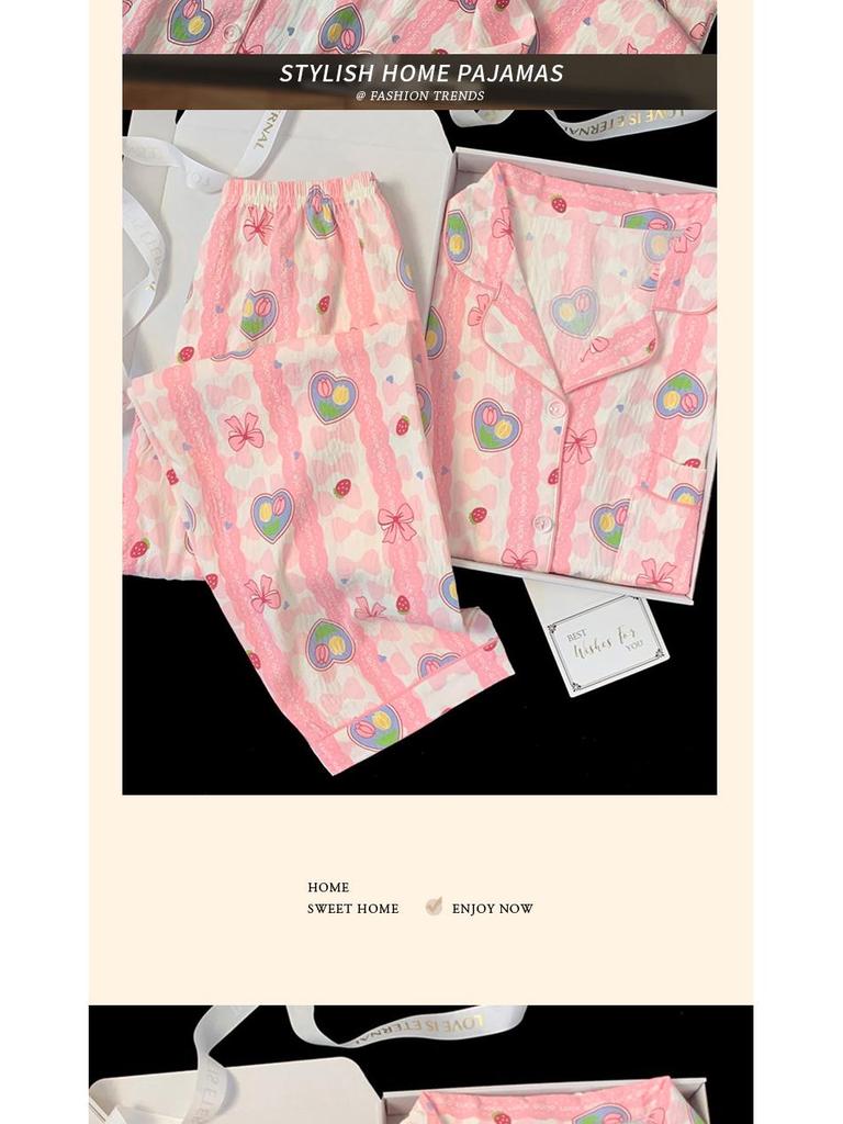 Pink Cloud Striped Long-Sleeve Pajamas: Cozy Cotton Set for Spring and Autumn.