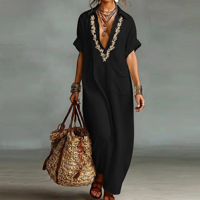 New Short Sleeve Holiday Elegant Party Dress, Women Summer Turn-Down Collar Simple Maxi Dress, Loose Patchwork Ladies Dress