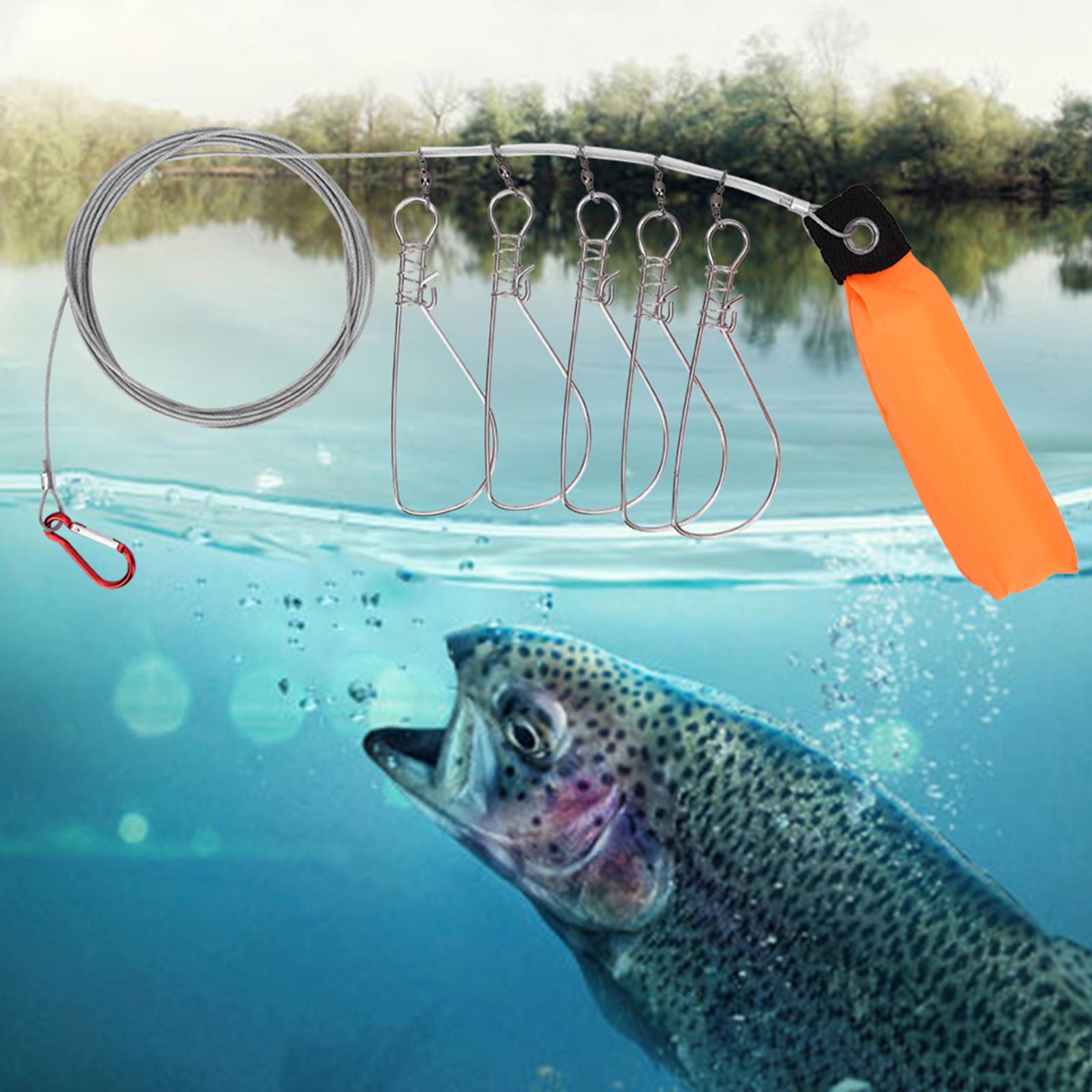 Stainless Steel Large Fish Stringer Float Fishing Lock Holder with 5PCS Fish Buckle Accessory