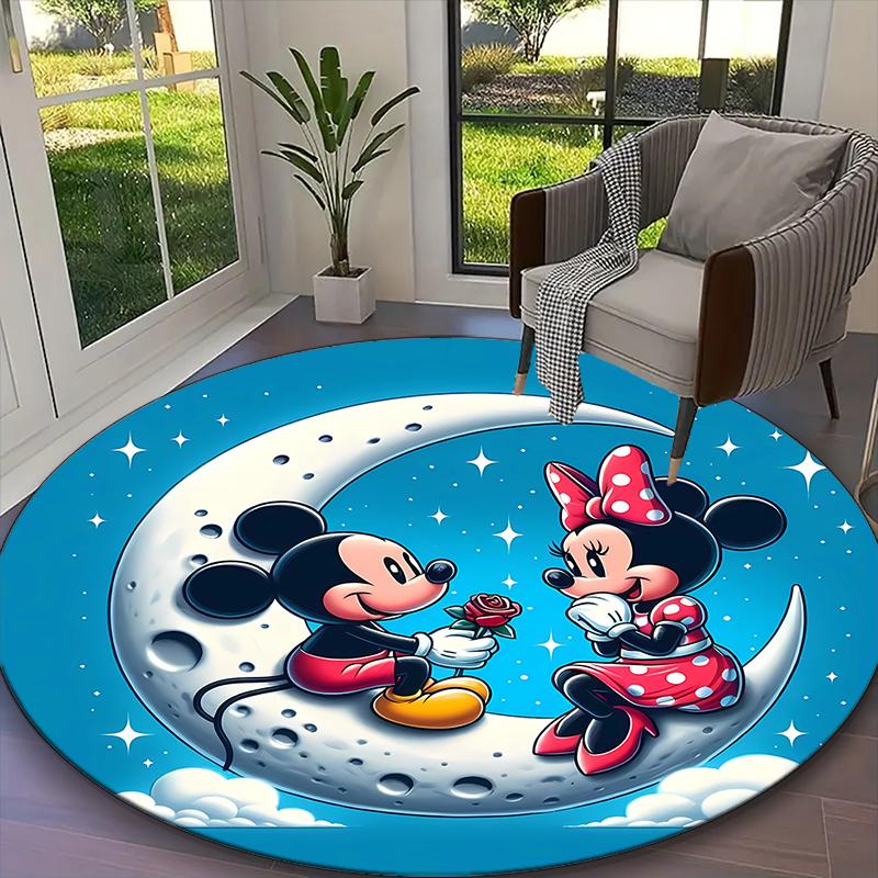 Mickey And Minnie Moon Pastel Floral Rug Ideal for Reading Room, Multi-purpose Office Chair Sofa Carpet, Anti-slip Printed Home Round Rug