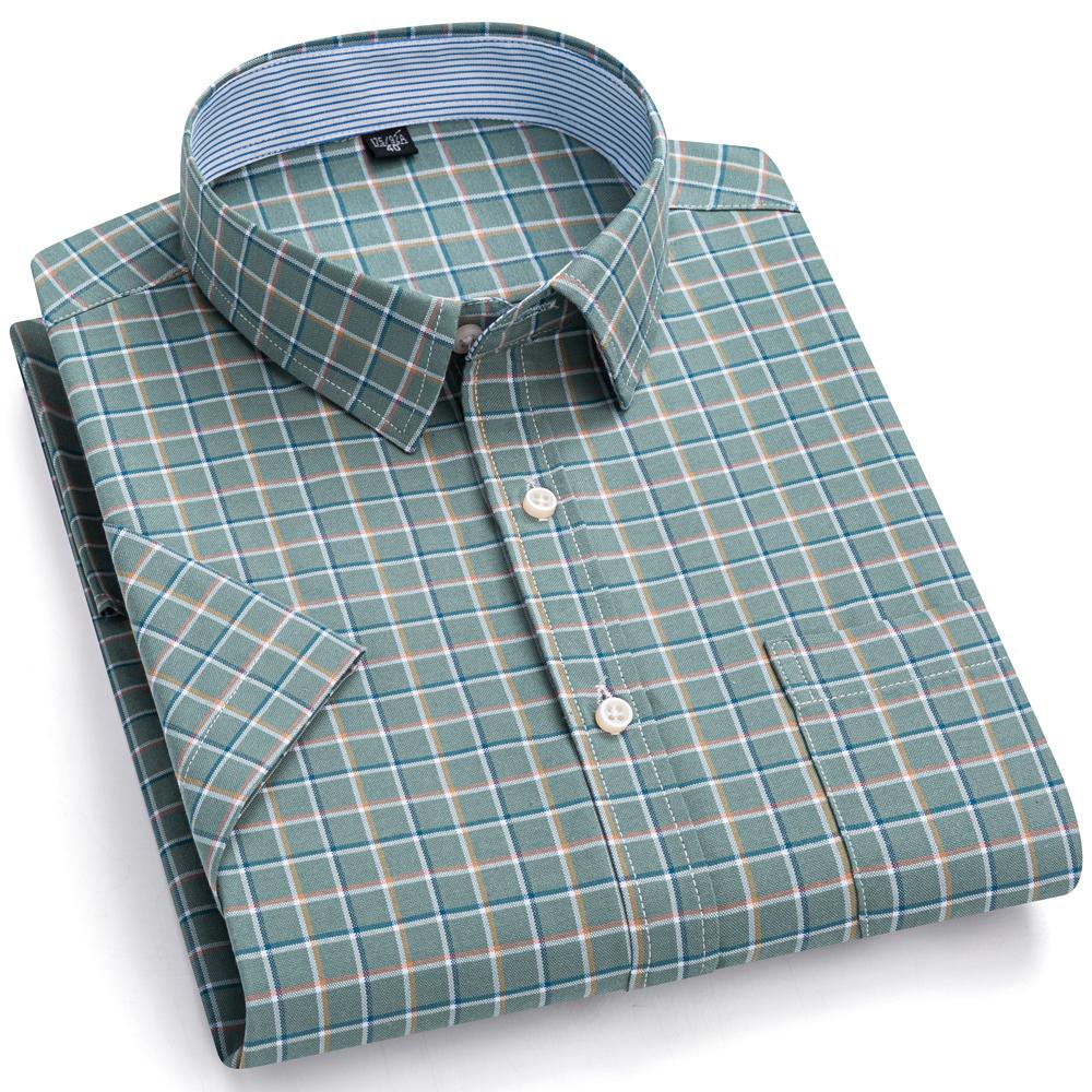 Herren 100% Baumwolle Mehrfarbig Kariert Oxford Hemden Kurzarm Regular Fit Kragen Freizeit Button-Down-Hemd mit Tasche