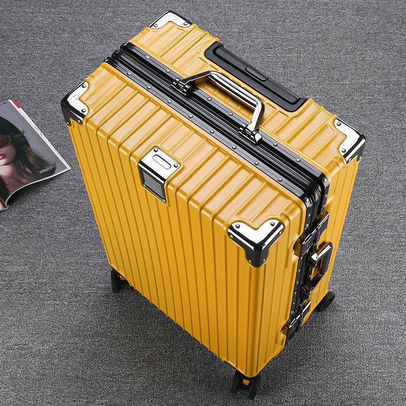 Large Capacity Aluminum Frame Travel Suitcase with Combination Lock, Trolley Wheels, and Durable Design for Men and Women.