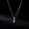 Real 925 Silver Double Layer Necklace Silver Shinying Zirconia Leaf and Cross Pendant for Women Wedding Party Jewelry