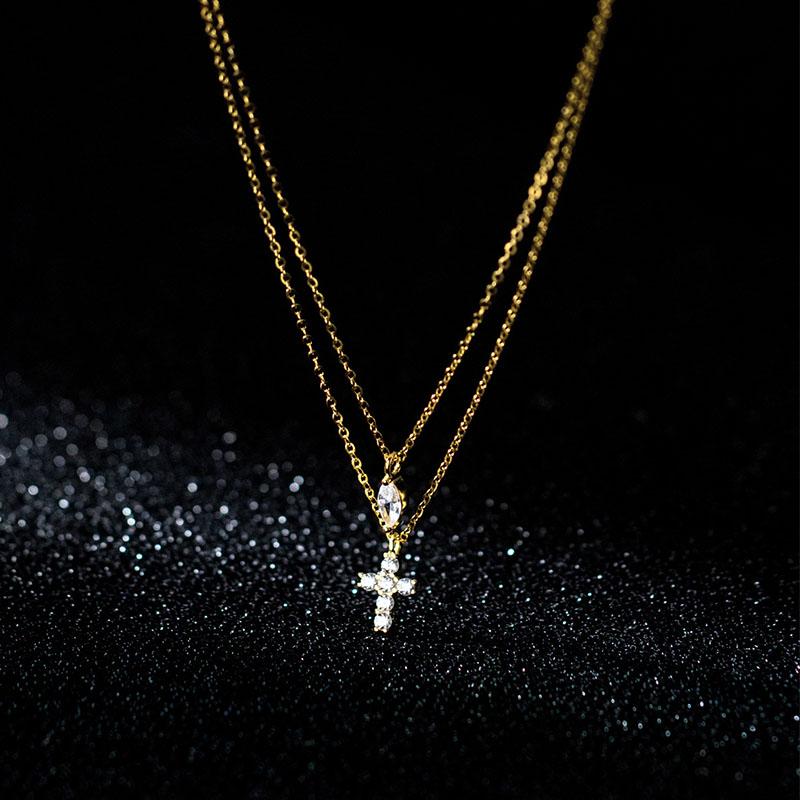 Real 925 Silver Double Layer Necklace Silver Shinying Zirconia Leaf and Cross Pendant for Women Wedding Party Jewelry