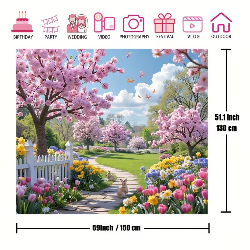 2D Spring Cherry Blossom Backdrop, Easter Garden Photo Background