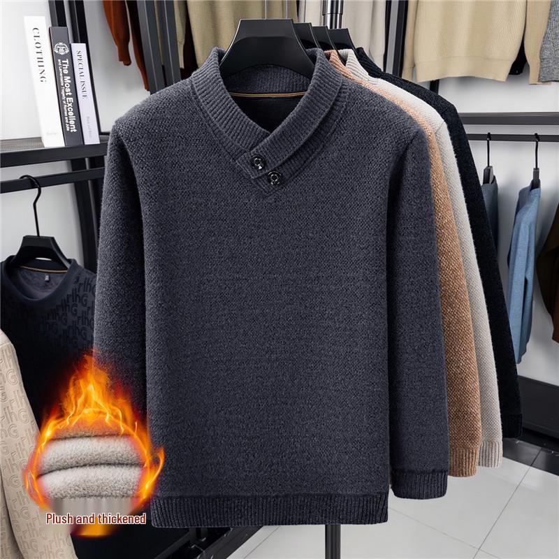 Men s Velvet Lined Winter Scarf-Collar Knit Sweater 3XL