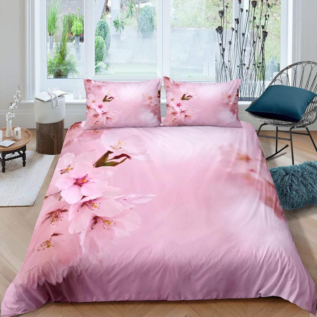 Peach Blossom Duvet Cover Set King Size Microfiber Pink Floral Bedding For Teens Women Twin Comforter Cover