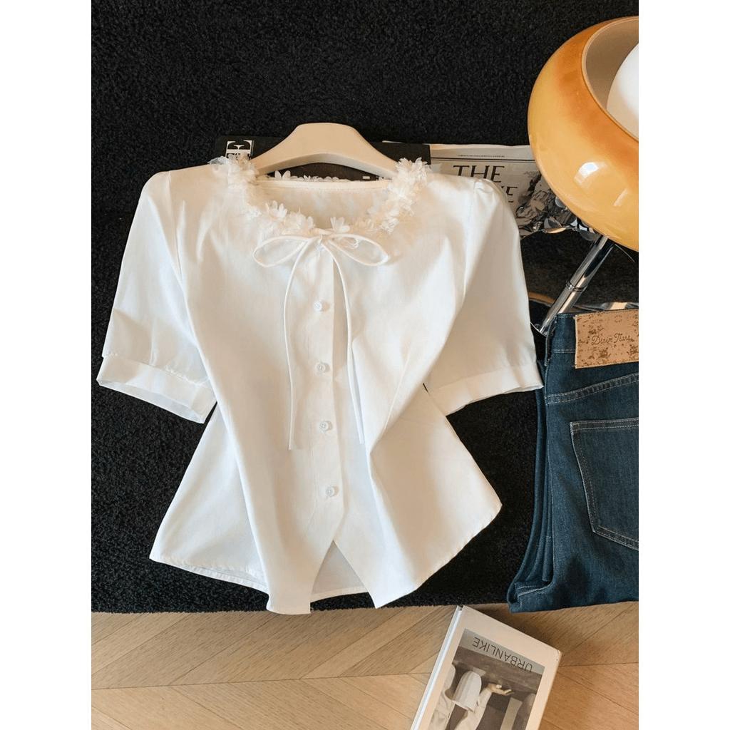 Summer new Korean three-dimensional flower collar lace-up shirt femininity short-sleeved top