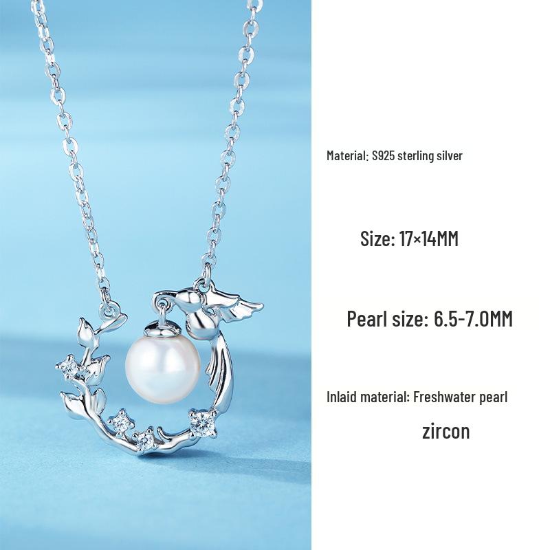 Sterling Silver Blue Eucalyptus Bird Necklace with Pearl Clavicle Chain – Forest Style Qixi Gift Jewelry 925 Silver
