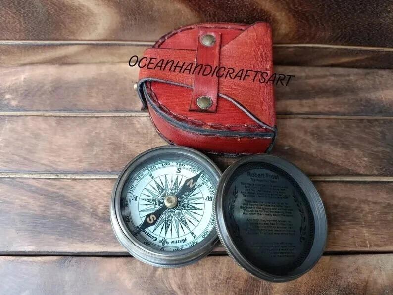 Brass Poem Compass Working Brass Pocket Compass with Leather Case