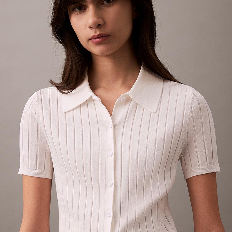 Calvin Klein Casual Striped Texture Polo Short Sleeve Knit Top Women tops White 47AB304-YAA