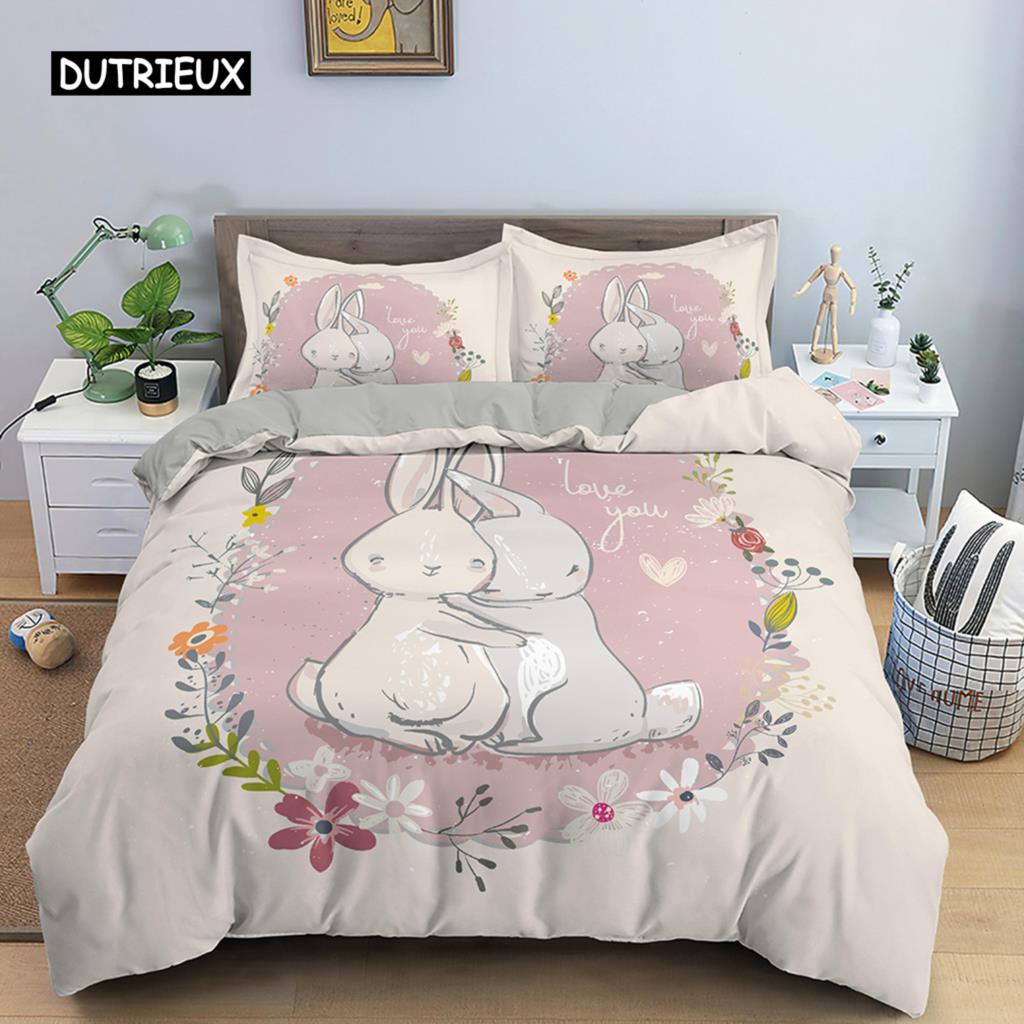 Cartoon Rabbit Bunny Bedding Set for Kids Girl Women Polyester Duvet Cover Quilt Cover with Pillowcase Polyester Comforter Cover
