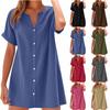 Women's Summer Cotton Linen Mini Dress V Neck Button Down Short Sleeve Loose Casual Solid Color Shirt Dress for Daily Vacation Beach Wear