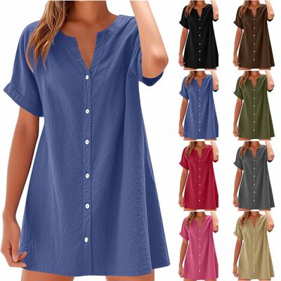 Women's Summer Cotton Linen Mini Dress V Neck Button Down Short Sleeve Loose Casual Solid Color Shirt Dress for Daily Vacation Beach Wear