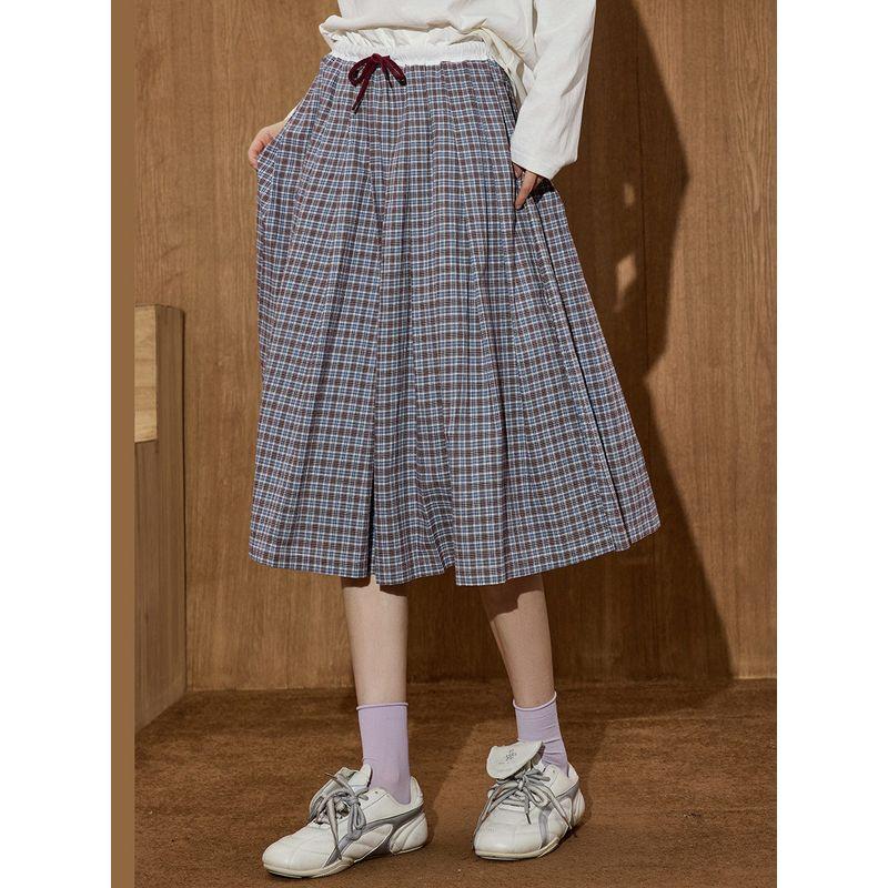 Coolhut2025 Autum Women's Fashionable Plaid Pleated Skirt Elastic Waist Lace Skirt