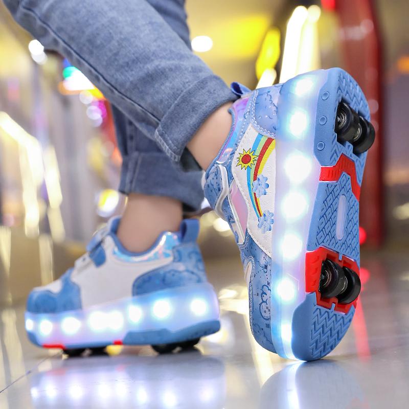 Kid's Roller Skates Removable Flat Charging LED Four Wheels Glowing Sports Shoes  Women's Glowing Sneakers