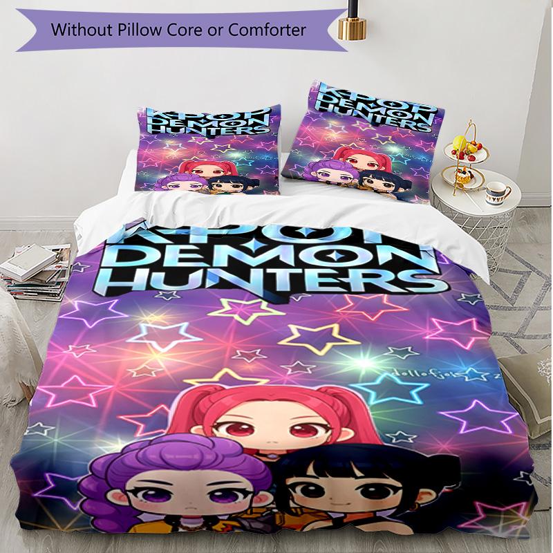 3-teiliges Bettbezug-Set (1 * Bettbezug + 2 * Kissenbezug, ohne Kern), KPop Dämonenjäger Druck Weiches Ganzjahres-Bettwäscheset, Heim-Schlafzimmer-Dekor Geschenk