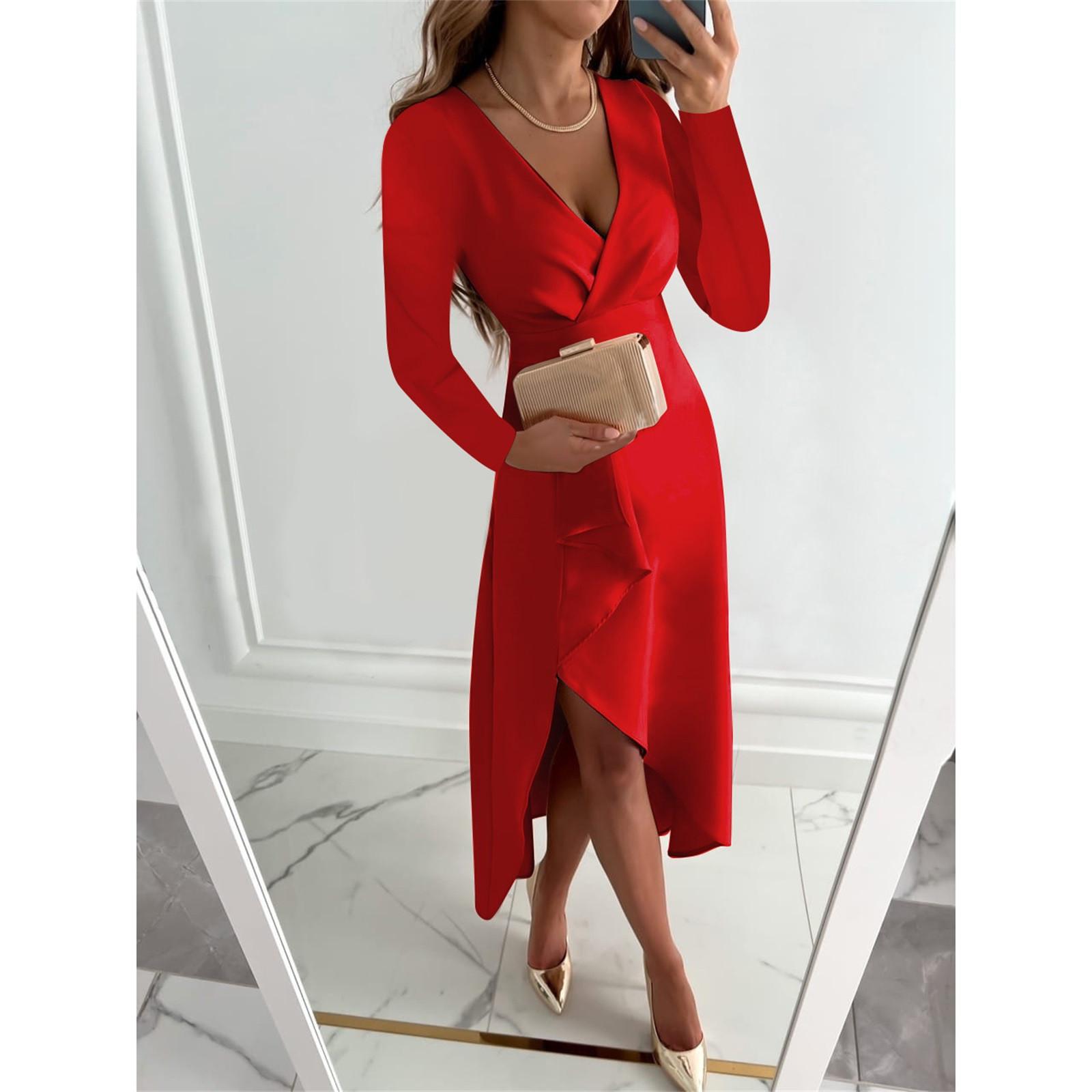 

Women s Warp V Neck Long Sleeve Ruffle Split Midi Dress Color Bodycon Cocktail Party Dresses M красный