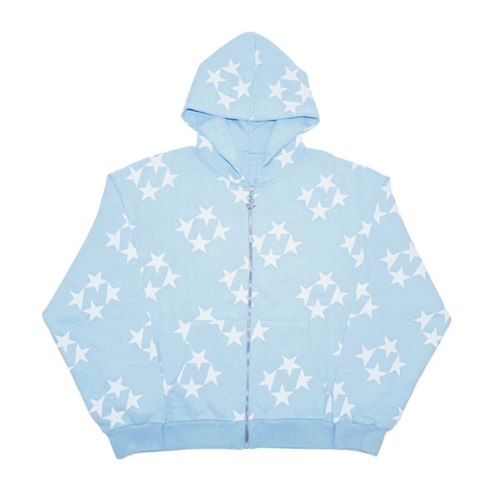 Hoodie Coat Star Print Pockets Zipper Closure Elastic Thread Cuff Long Sleeve Loose Unisex Hooded Streetwear Hip Hop Fall Winter