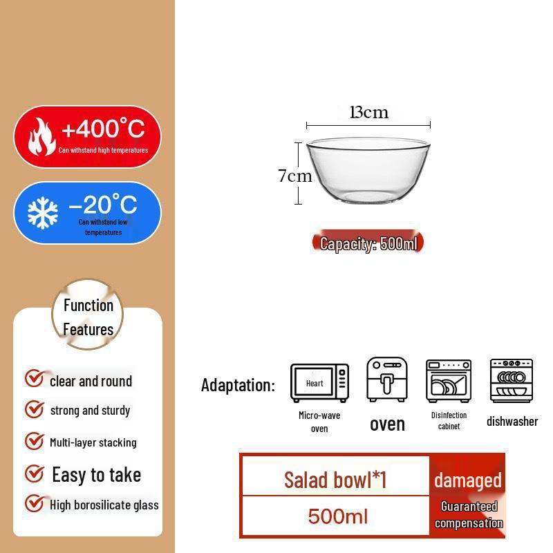 Heat-Resistant Borosilicate Glass Bowl for Microwave, Egg Beating, Baking, Dough Mixing, and Soup.
