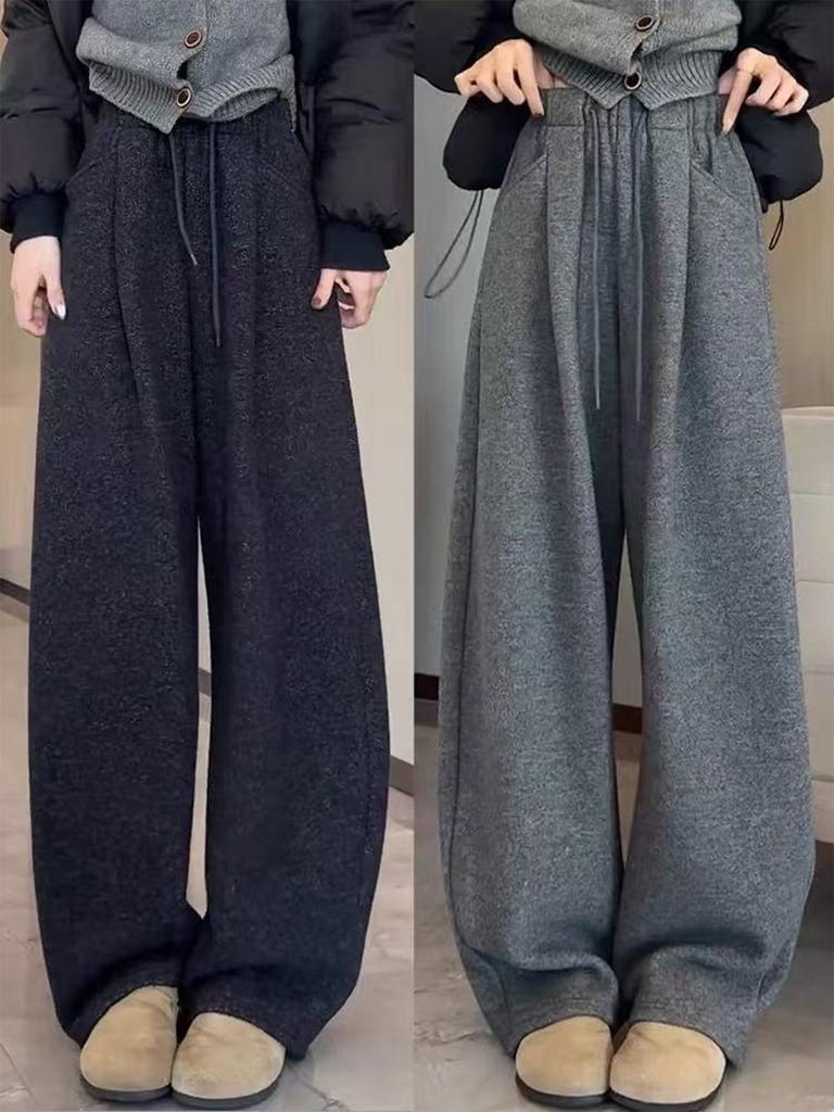 Women's Gray Cloud Scimitar Pants with Plus Velvet, Autumn/Winter 2025 - Woolen Wide-Leg, Drape, Relaxed Fit.