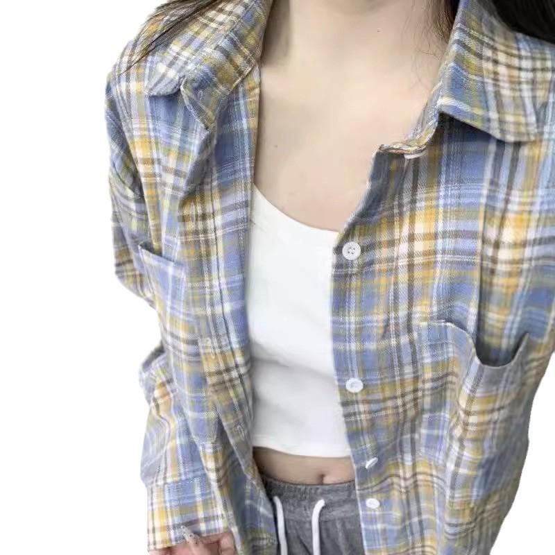 Women's Hong Kong Retro Plaid Loose Long-Sleeve Shirt for Spring/Autumn
