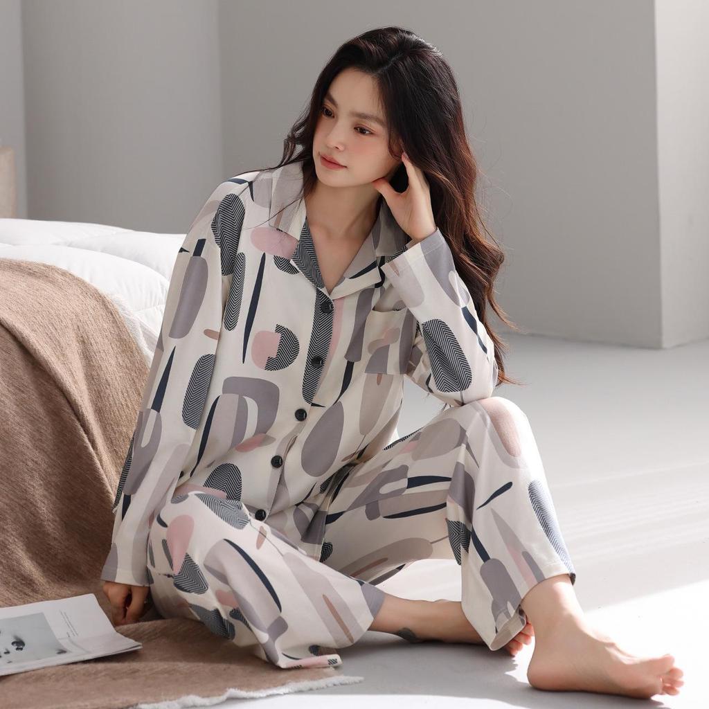 Women's Rayon Cotton Long Sleeve Pajama Set - Lapel, Casual Autumn Style for Home or Outside Wear