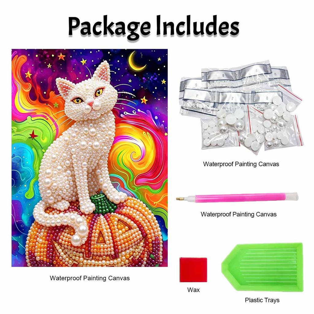 Halloween Pearl Painting Art White Cat On Pumpkin Full Pearl Handmade Diy Home Decorations