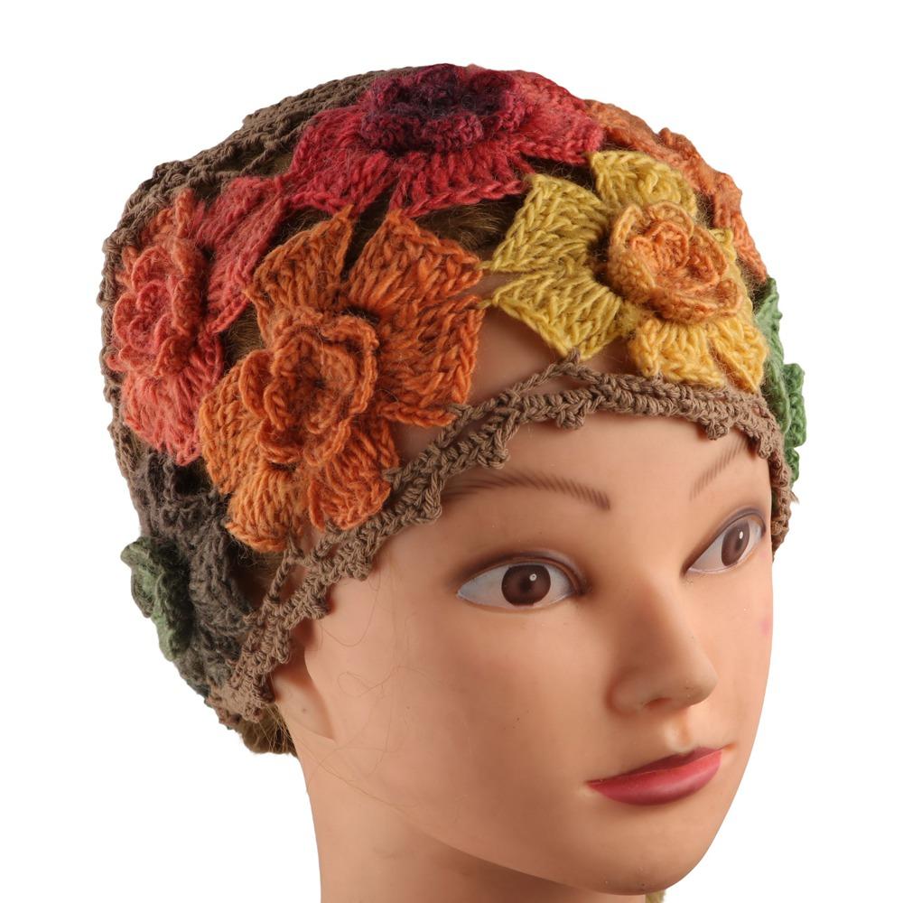 Crochet Flower Hollow Knitted Hat Colorful Ethnic Style Pullover Hat  Apparel Accessories