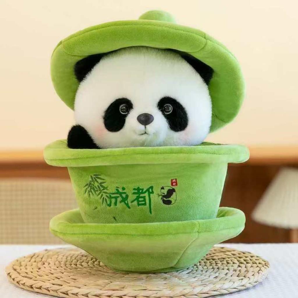 Adorable Creative Plush Panda Toy Featuring Unique Tea Cup Design 25cm Height