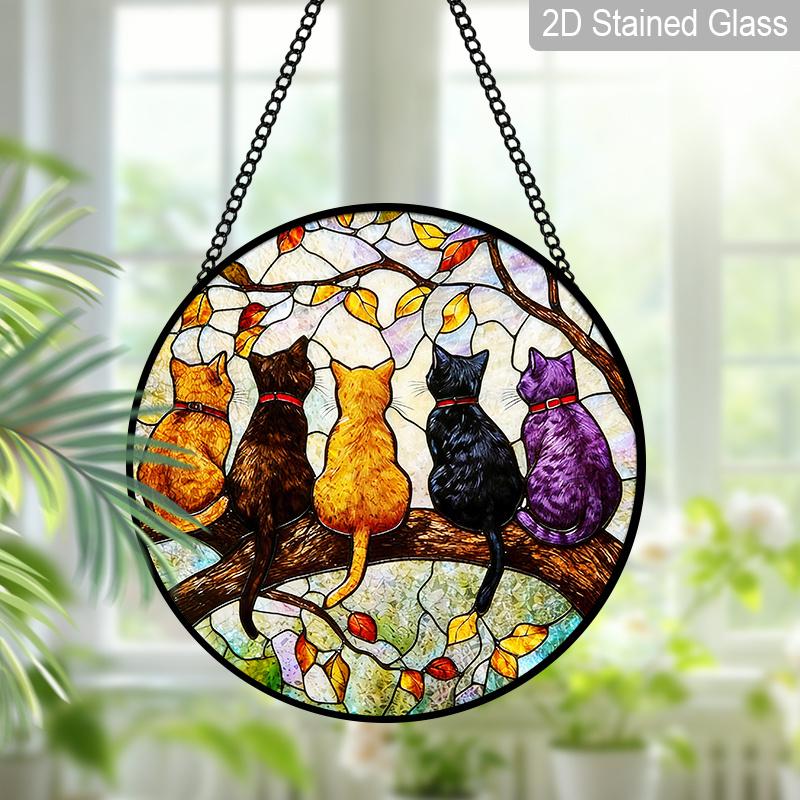 2D Flat Stained Glass 5Cats on A Branch Window Decoration, 7.87inches Cute Colored Glass Plate with Chain, Summer Sun Catcher Home Decor, Unique