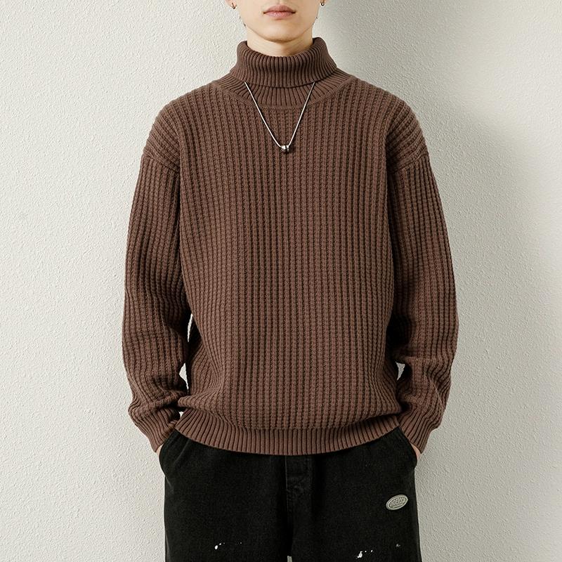 

Новый свитер с высоким воротом, повседневный мужской вязаный свитер с высоким воротом, теплый мужской джемпер, мужской вязаный полосатый уличный стиль, повседневные топы L кофейный