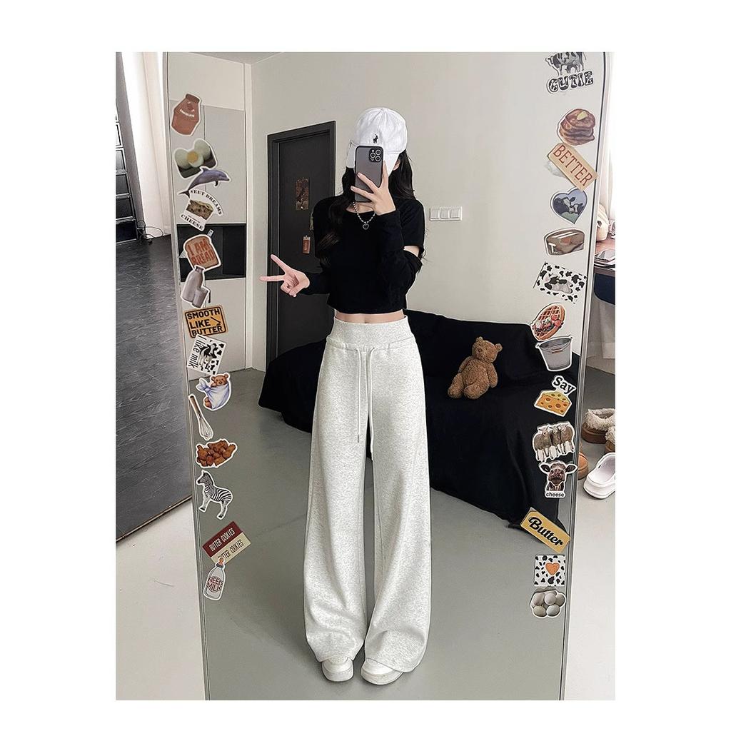 Women's Gray Sports High Waist Hanging Loose Slimming Straight Leg Wide Leg Pants American Sweatpants