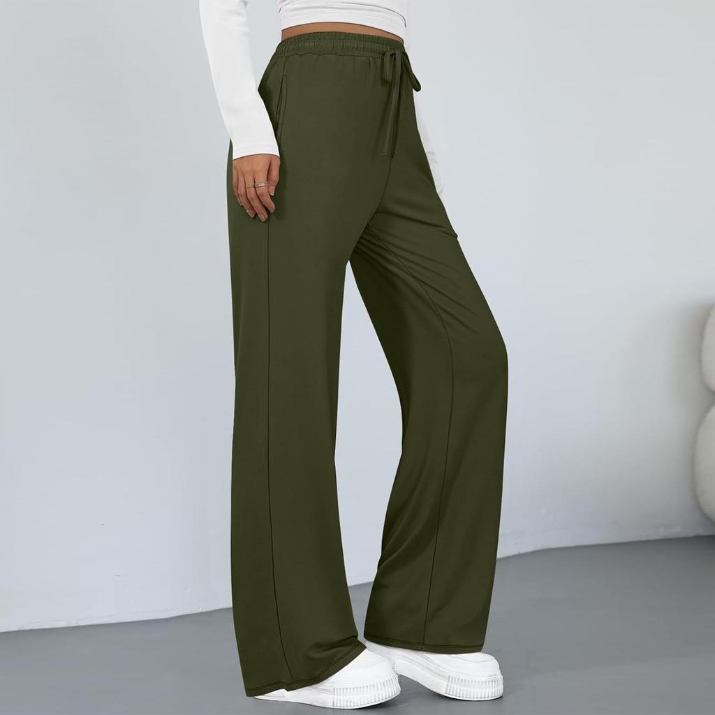 Modische Damen-Farbhose mit weitem Bein, hoher Taille, lockeren Taschen mit Kordelzug, Freizeithose