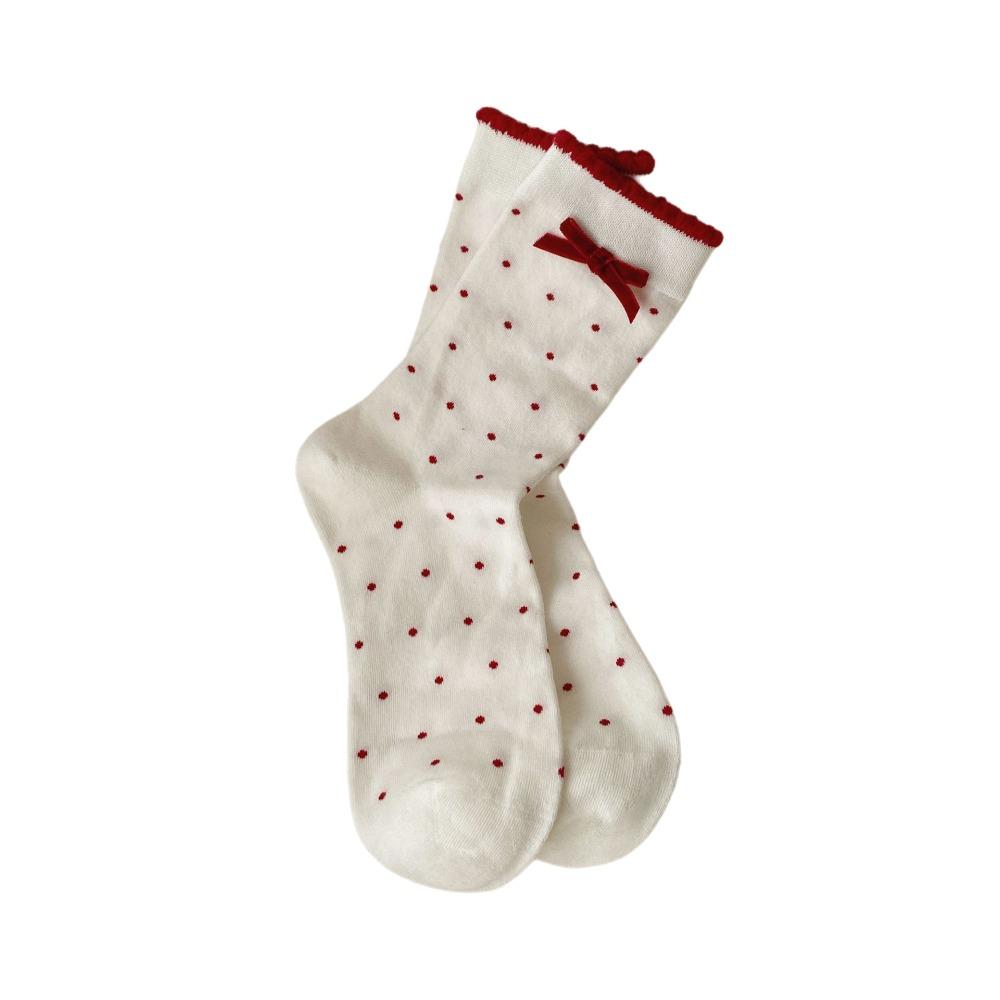 Double Layer Bow Socks Red Color Stacking Socks Trendy Mid Tube Socks  Holiday