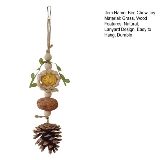 Designový háček na žvýkání ptáků z borovicového kužele s lankem odolným proti okousání, snadné zavěšení a uvolnění