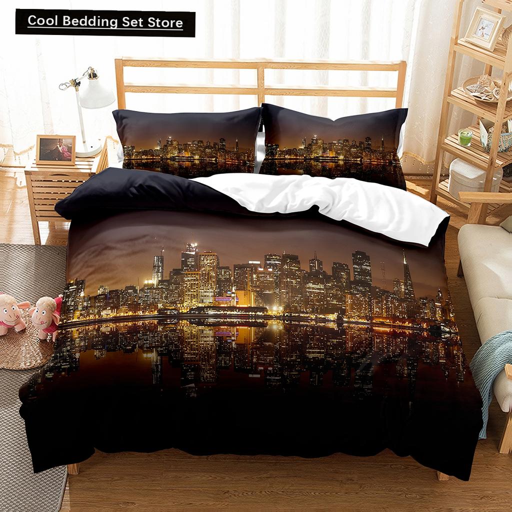 Comforter Cityscapes King Queen Tall Buildings Landscape Bedding Set Busy Traffic View Polyester Comforter